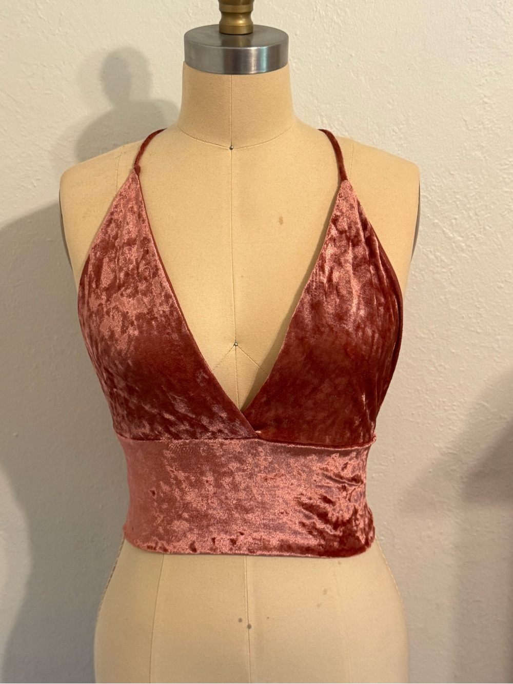 Diosa Y2K Dusty Rose Crushed Velvet Halter Crop Top Open Back